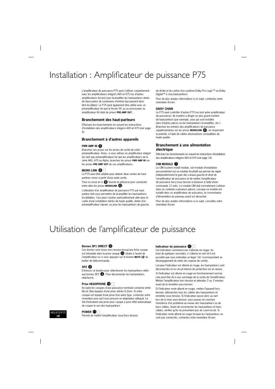 Installation : amplifi cateur de puissance p75, Utilisation de l’amplifi cateur de puissance | Arcam P75 User Manual | Page 18 / 34