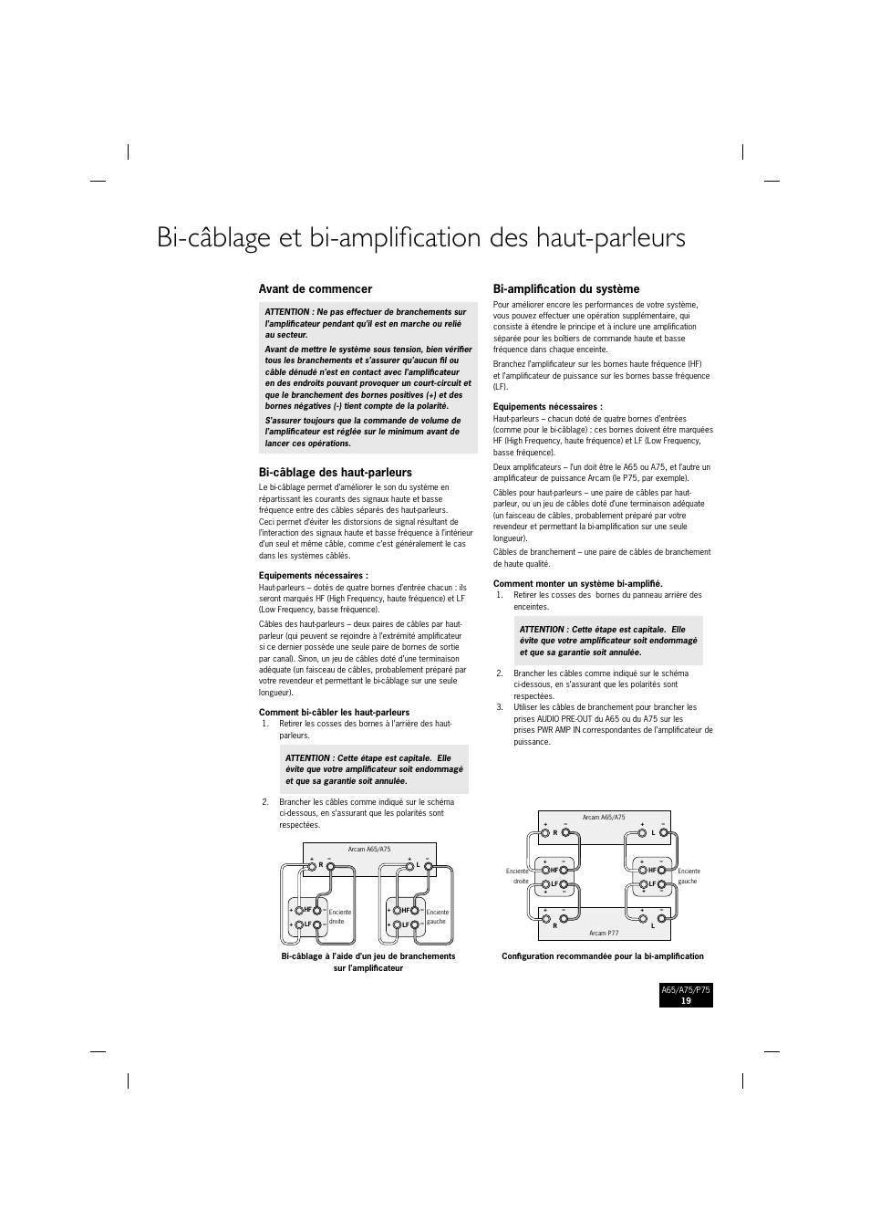 Bi-câblage et bi-amplifi cation des haut-parleurs, Avant de commencer, Bi-câblage des haut-parleurs | Bi-ampliﬁ cation du système | Arcam P75 User Manual | Page 19 / 34