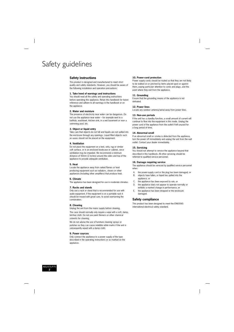 Safety guidelines | Arcam P75 User Manual | Page 2 / 34