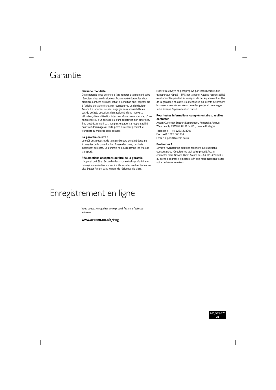 Garantie enregistrement en ligne | Arcam P75 User Manual | Page 21 / 34