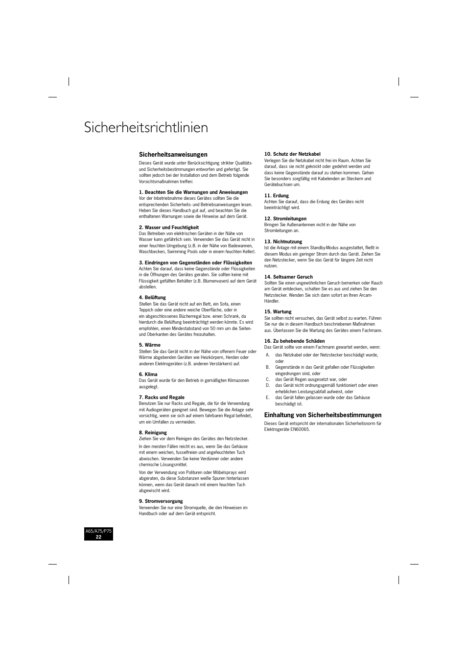 Sicherheitsrichtlinien | Arcam P75 User Manual | Page 22 / 34