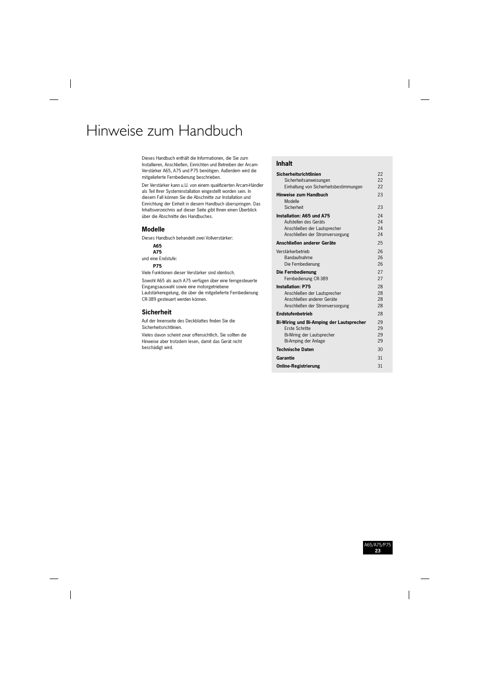 Hinweise zum handbuch | Arcam P75 User Manual | Page 23 / 34