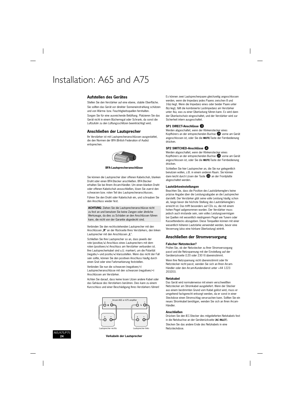 Installation: a65 and a75 | Arcam P75 User Manual | Page 24 / 34