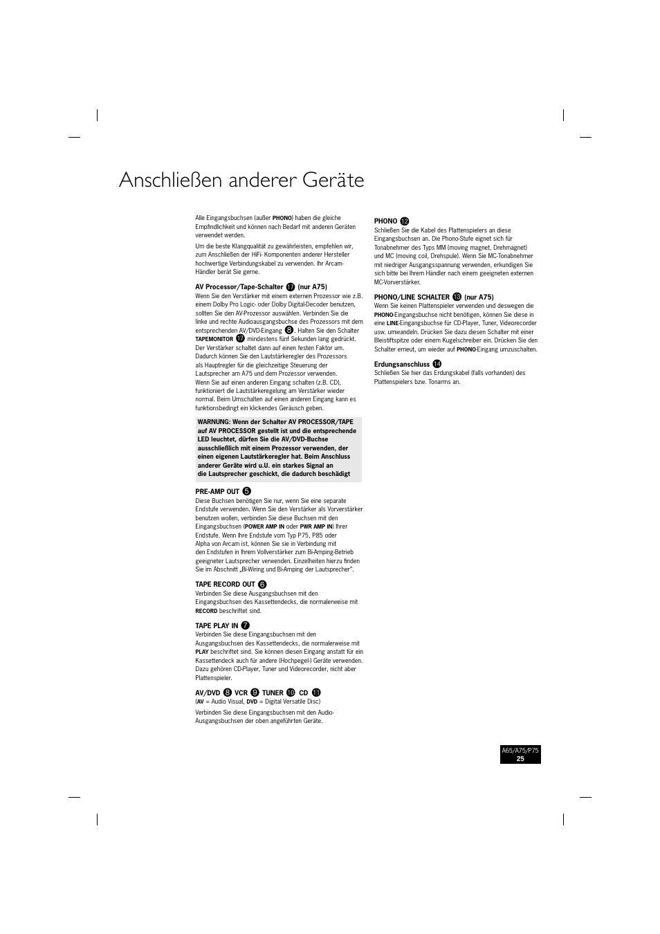 Anschließen anderer geräte | Arcam P75 User Manual | Page 25 / 34