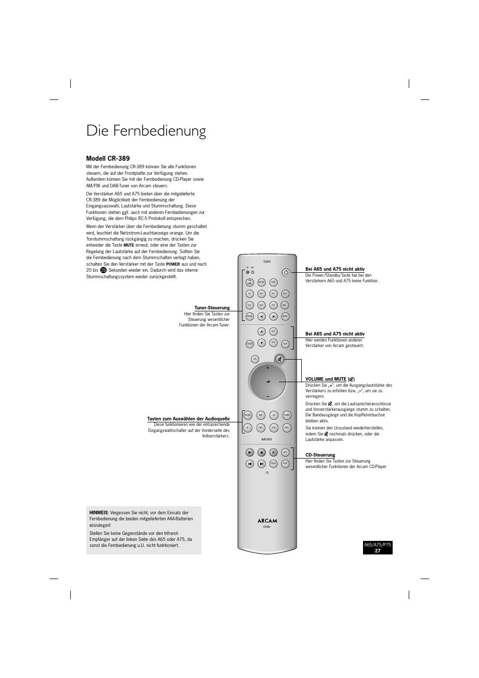 Die fernbedienung, Modell cr-389 | Arcam P75 User Manual | Page 27 / 34