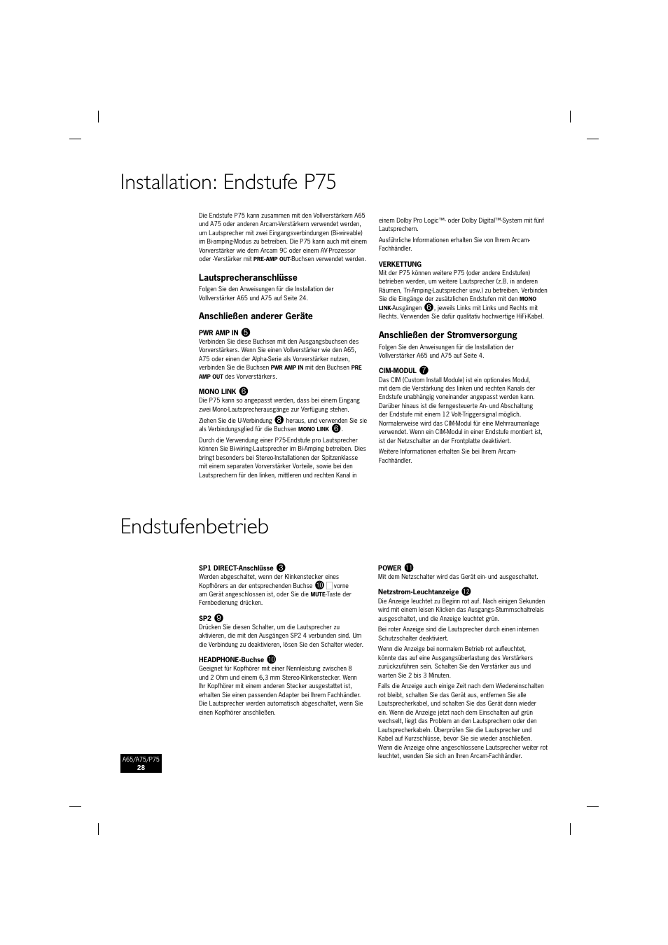 Installation: endstufe p75, Endstufenbetrieb | Arcam P75 User Manual | Page 28 / 34