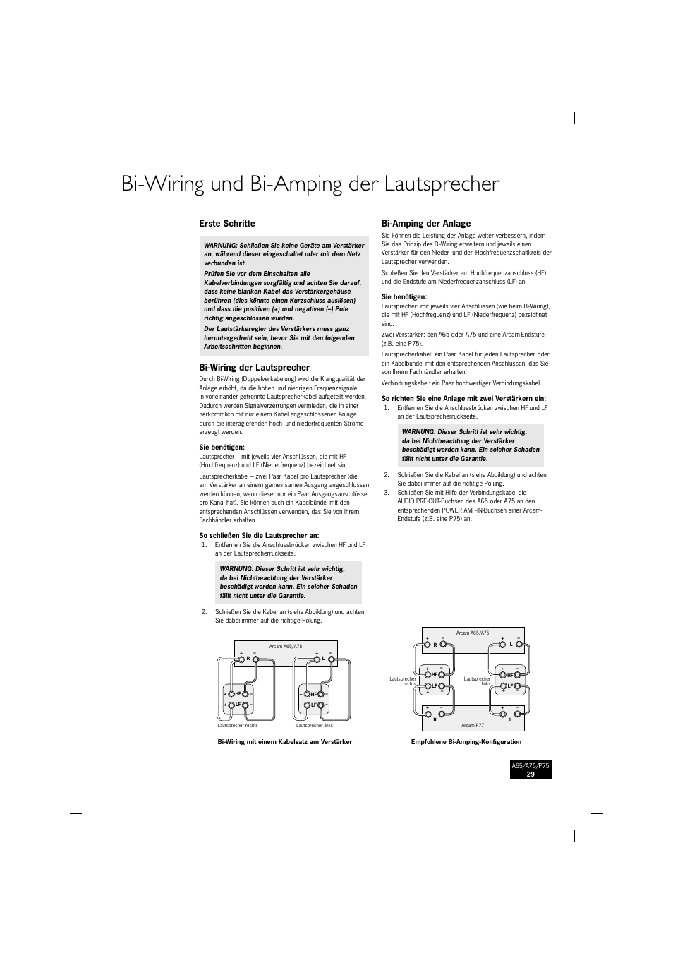 Bi-wiring und bi-amping der lautsprecher, Erste schritte, Bi-wiring der lautsprecher | Bi-amping der anlage | Arcam P75 User Manual | Page 29 / 34