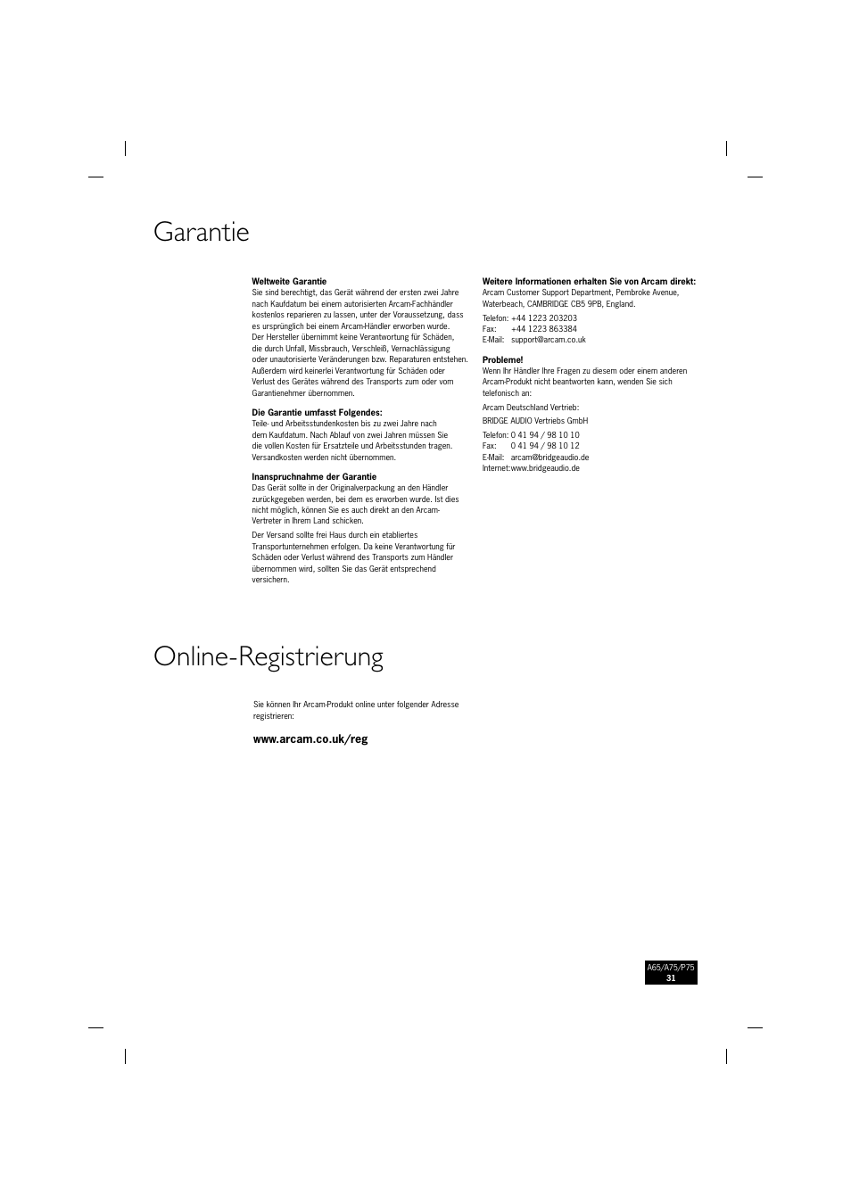 Garantie online-registrierung | Arcam P75 User Manual | Page 31 / 34