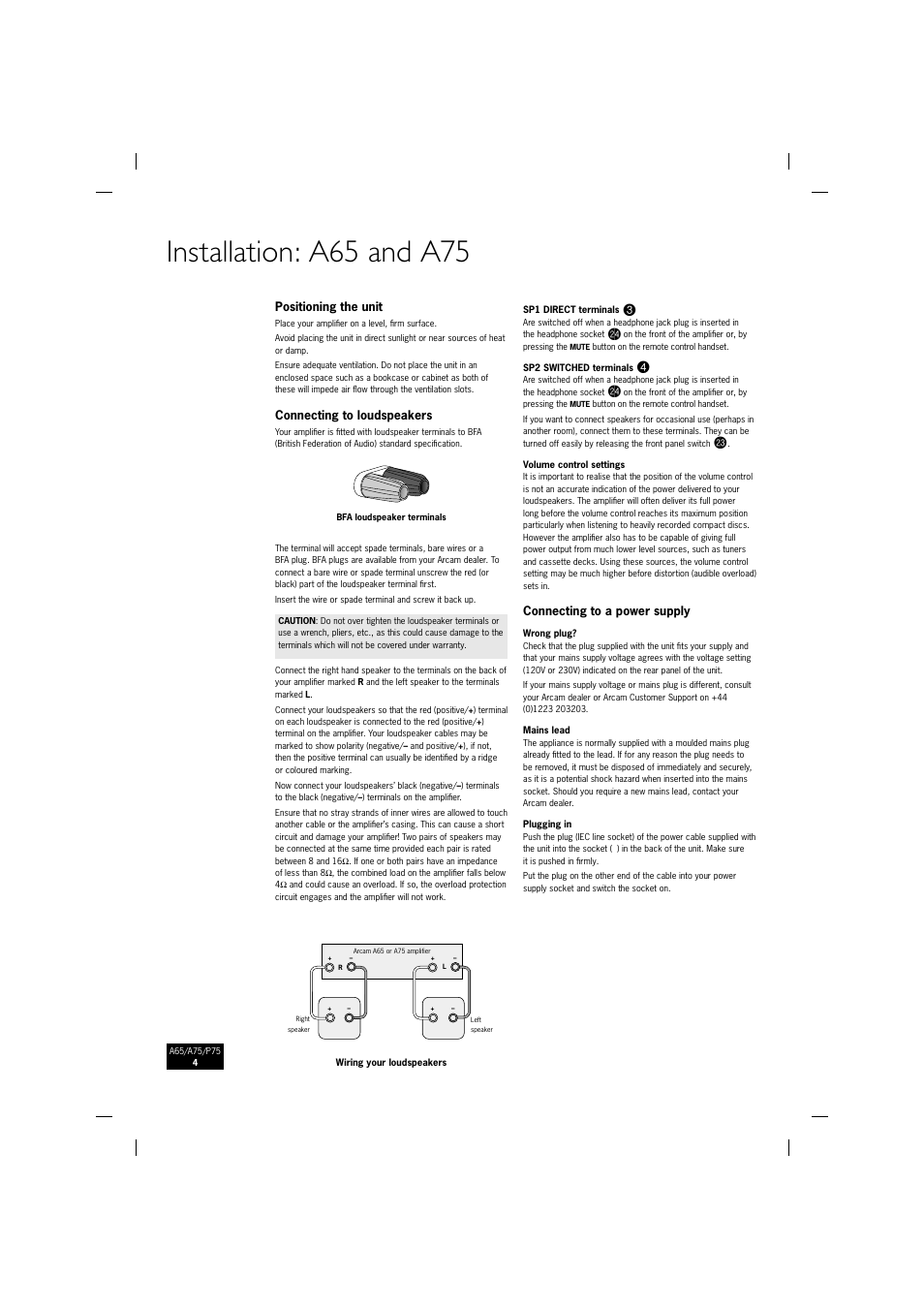 Installation: a65 and a75 | Arcam P75 User Manual | Page 4 / 34