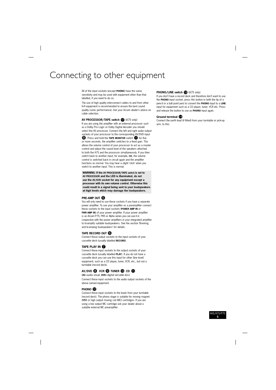 Connecting to other equipment | Arcam P75 User Manual | Page 5 / 34