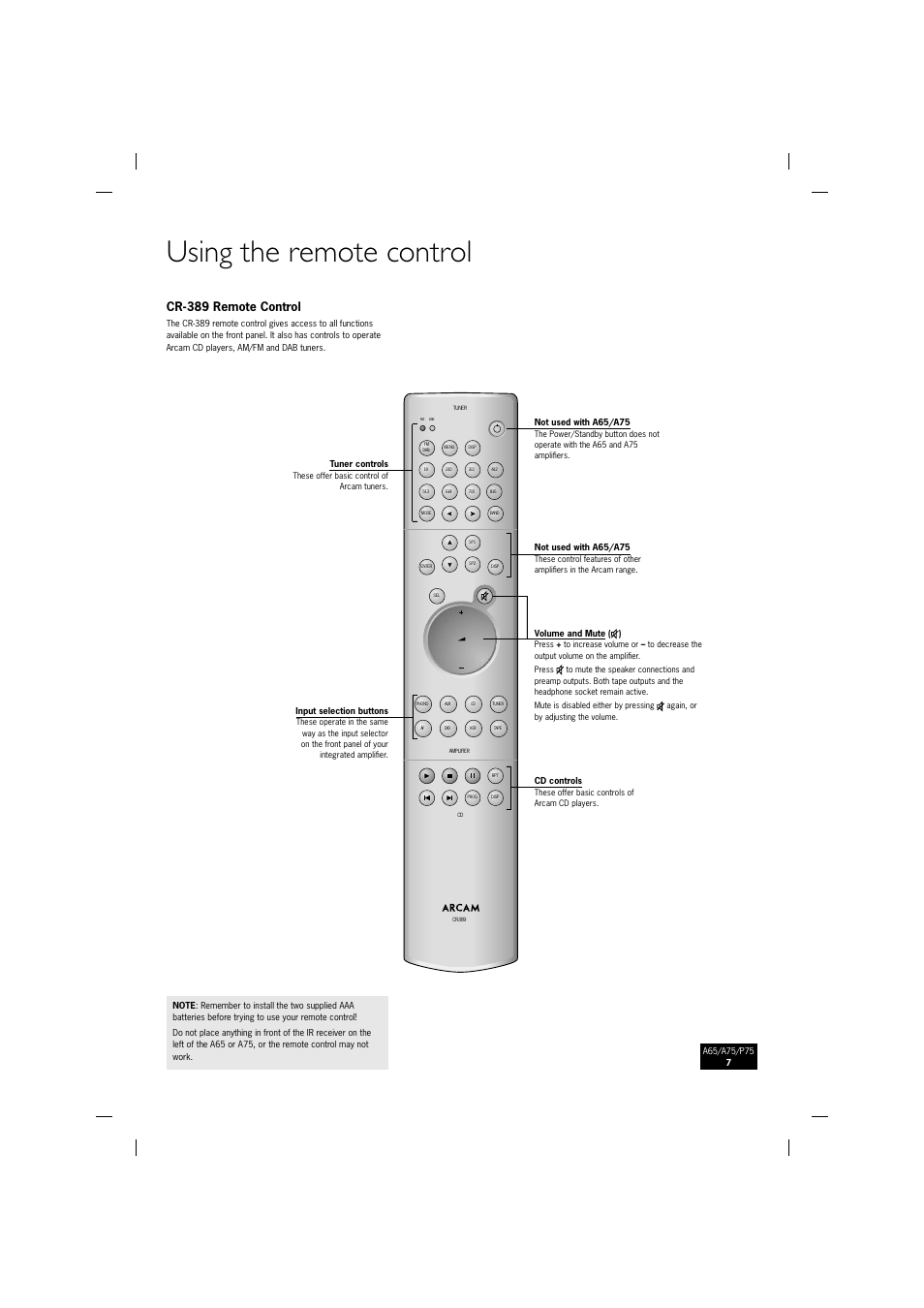 Using the remote control, Cr-389 remote control | Arcam P75 User Manual | Page 7 / 34