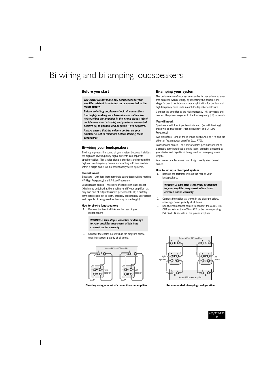 Bi-wiring and bi-amping loudspeakers, Before you start, Bi-wiring your loudspeakers | Bi-amping your system | Arcam P75 User Manual | Page 9 / 34