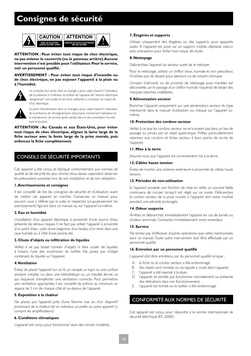 Consignes de sécurité, Conseils de sécurité importants, Conformité aux normes de sécurité | Arcam T31 User Manual | Page 12 / 32