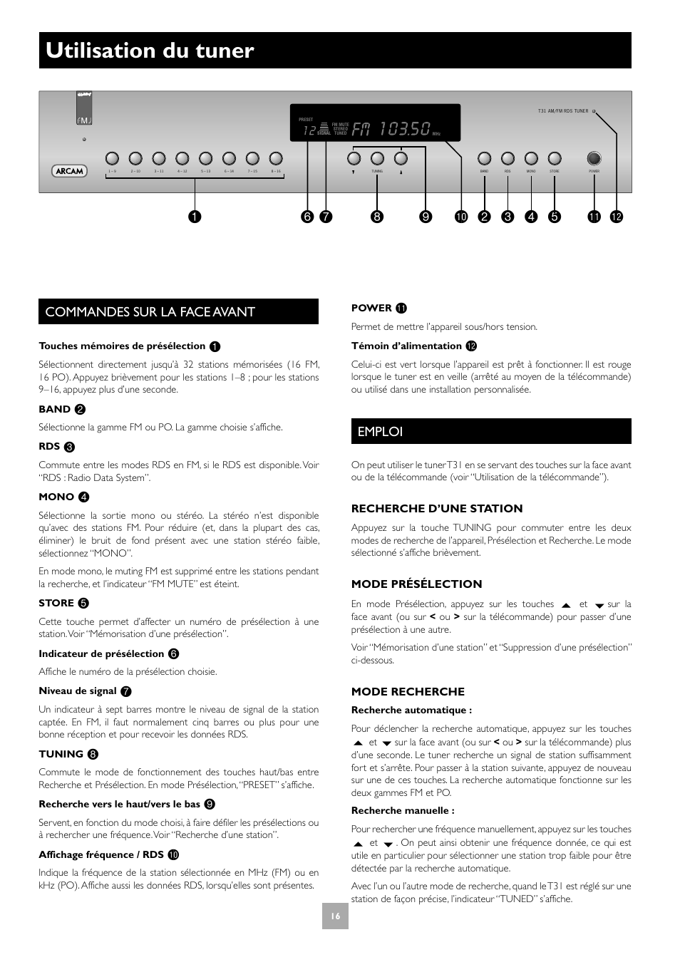 Commandes sur la face avant, Utilisation du tuner, Emploi | Arcam T31 User Manual | Page 16 / 32