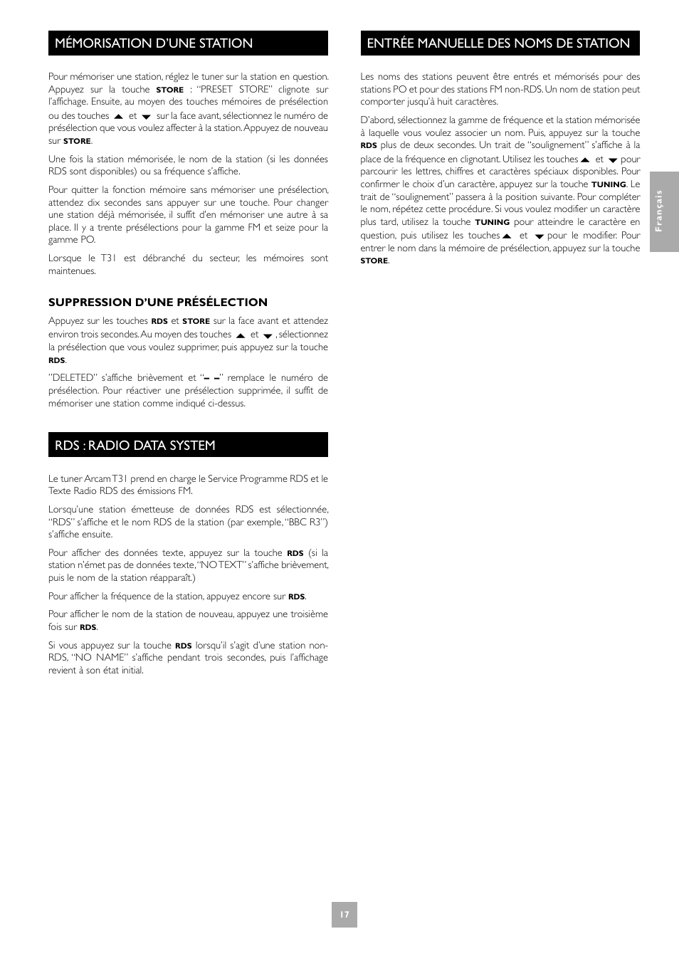 Mémorisation d’une station, Rds : radio data system, Entrée manuelle des noms de station | 17 rds : radio data system, 17 entrée manuelle des noms de station | Arcam T31 User Manual | Page 17 / 32