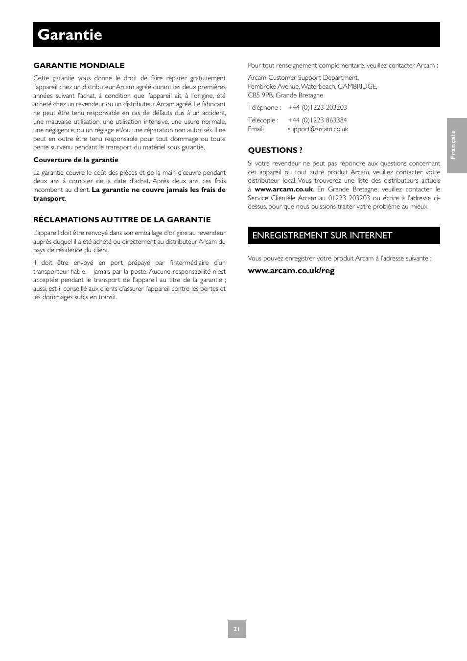 Garantie, Enregistrement sur internet | Arcam T31 User Manual | Page 21 / 32