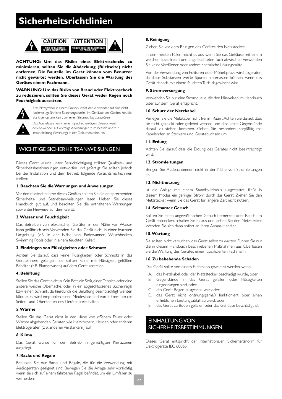 Sicherheitsrichtlinien, Wichtige sicherheitsanweisungen, Einhaltung von sicherheitsbestimmungen | Arcam T31 User Manual | Page 22 / 32