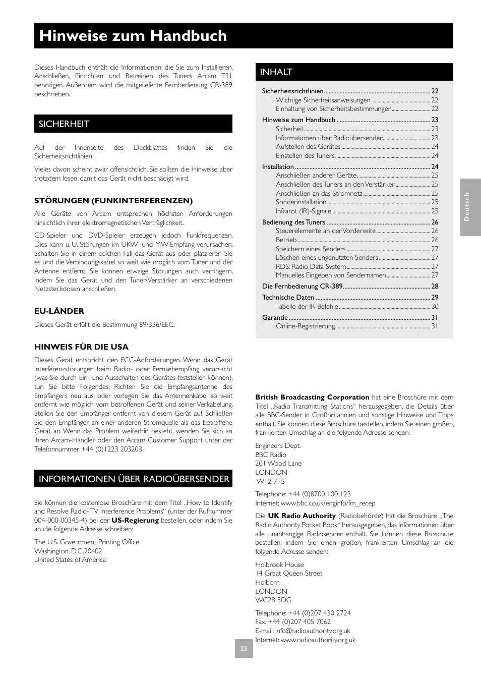 Hinweise zum handbuch, Sicherheit, Informationen über radioübersender | Inhalt | Arcam T31 User Manual | Page 23 / 32