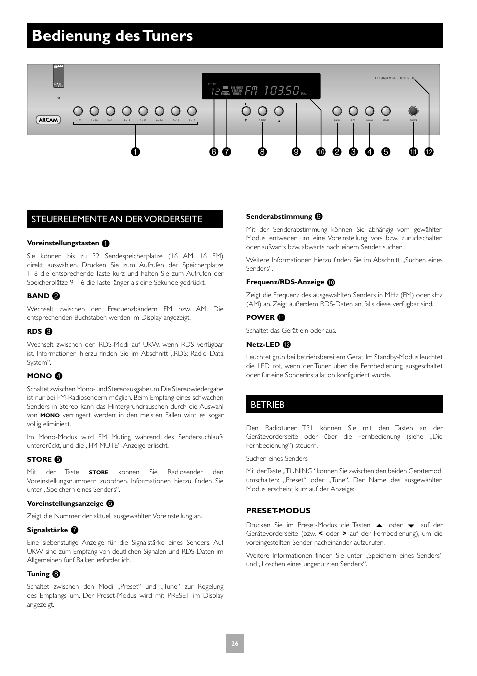 Bedienung des tuners, Steuerelemente an der vorderseite, Betrieb | 26 betrieb | Arcam T31 User Manual | Page 26 / 32