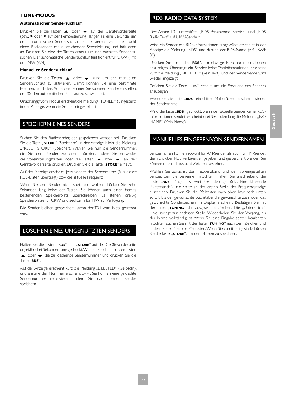 Speichern eines senders, Löschen eines ungenutzten senders, Rds: radio data system | Manuelles eingeben von sendernamen, 27 löschen eines ungenutzten senders, 27 rds: radio data system, 27 manuelles eingeben von sendernamen | Arcam T31 User Manual | Page 27 / 32