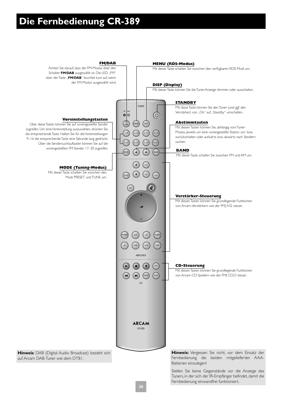 Die fernbedienung cr-389 | Arcam T31 User Manual | Page 28 / 32