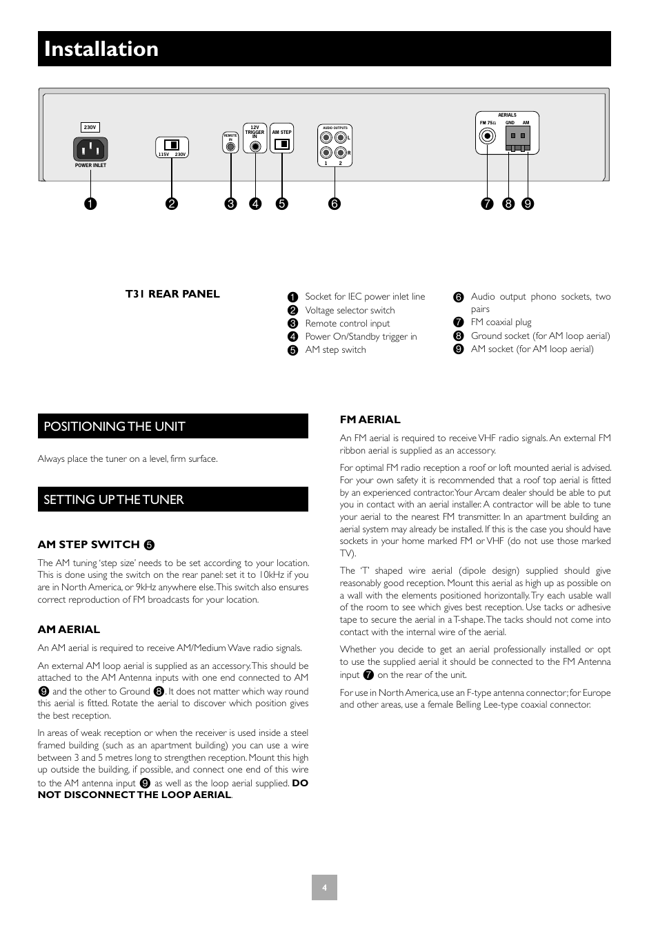 Installation, Positioning the unit, Setting up the tuner | 4 setting up the tuner | Arcam T31 User Manual | Page 4 / 32