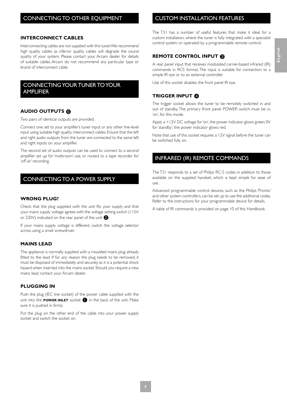 Connecting to other equipment, Connecting your tuner to your amplifier, Connecting to a power supply | Custom installation features, Infrared (ir) remote commands, 5 custom installation features, 5 infrared (ir) remote commands | Arcam T31 User Manual | Page 5 / 32