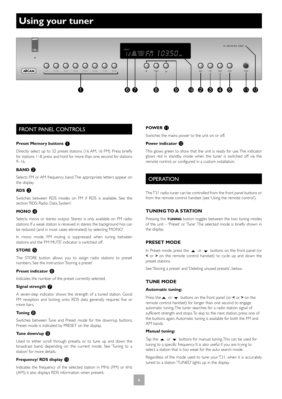 Using your tuner, Front panel controls, Operation | 6 operation | Arcam T31 User Manual | Page 6 / 32