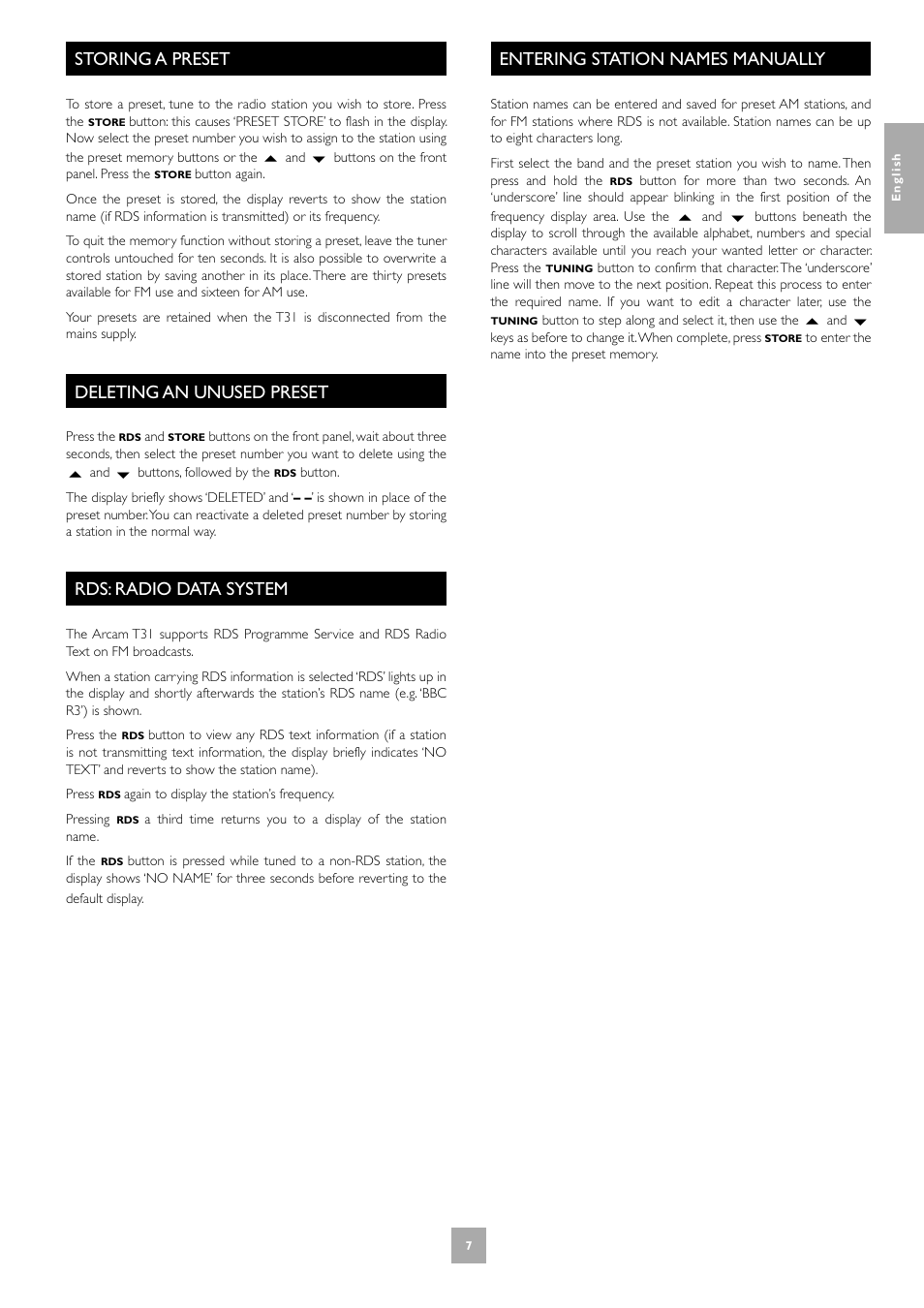 Storing a preset, Deleting an unused preset, Rds: radio data system | Entering station names manually, 7 deleting an unused preset, 7 rds: radio data system, 7 entering station names manually | Arcam T31 User Manual | Page 7 / 32