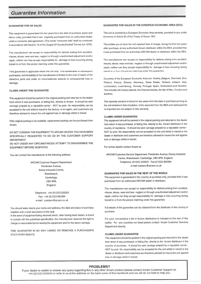 Guarantee information, Problems | Arcam Alpha 9C User Manual | Page 7 / 8