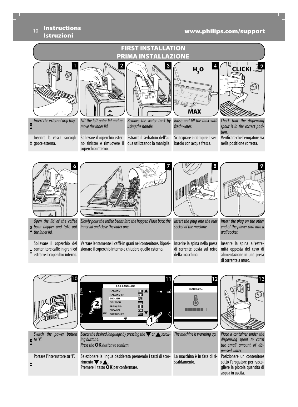 First installation, Prima installazione, Click | Omax | Philips Saeco Xelsis Evo Machine espresso Super Automatique User Manual | Page 10 / 68