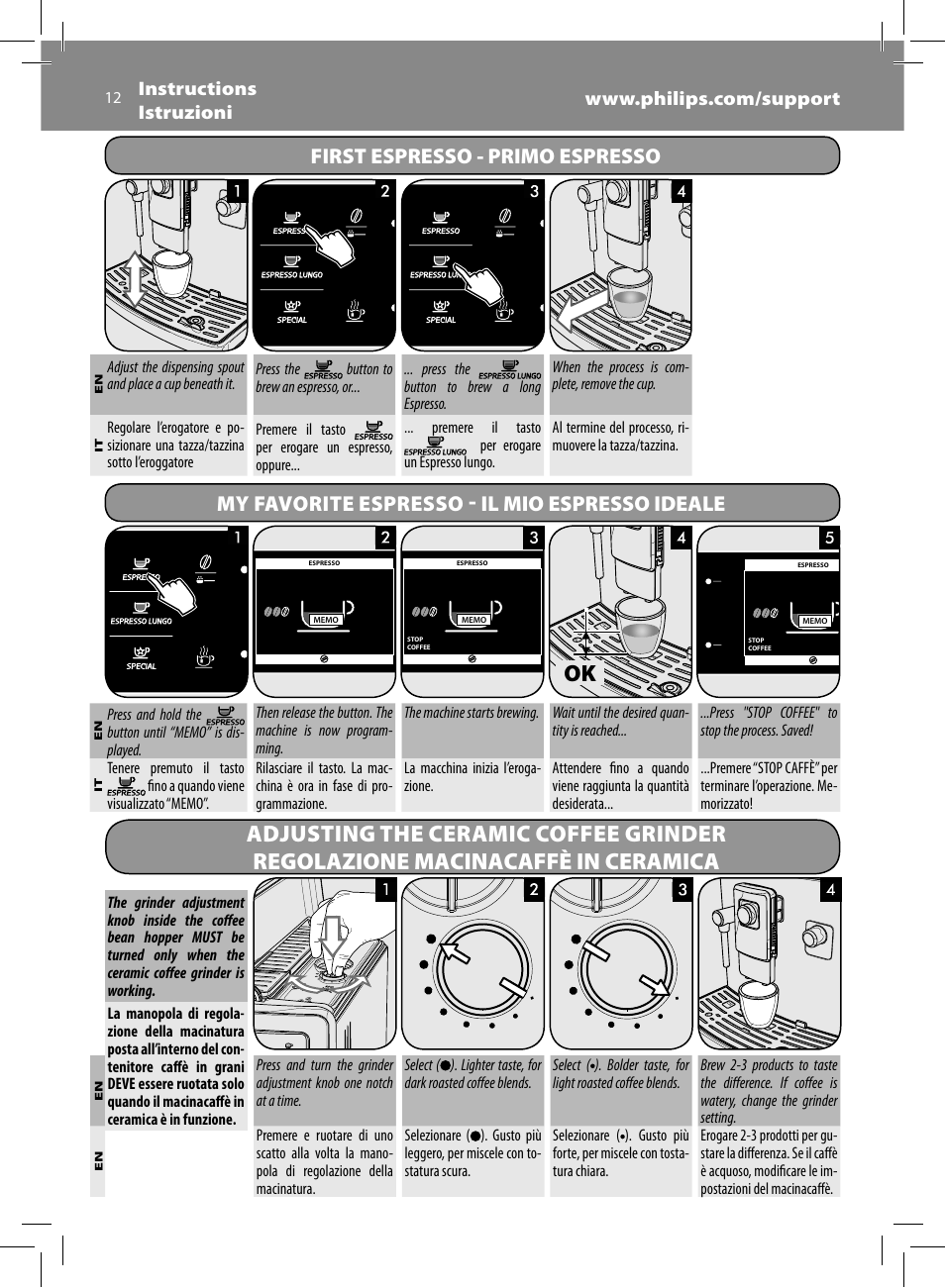 First espresso - primo espresso, My favorite espresso, Il mio espresso ideale | Philips Saeco Xelsis Evo Machine espresso Super Automatique User Manual | Page 12 / 68