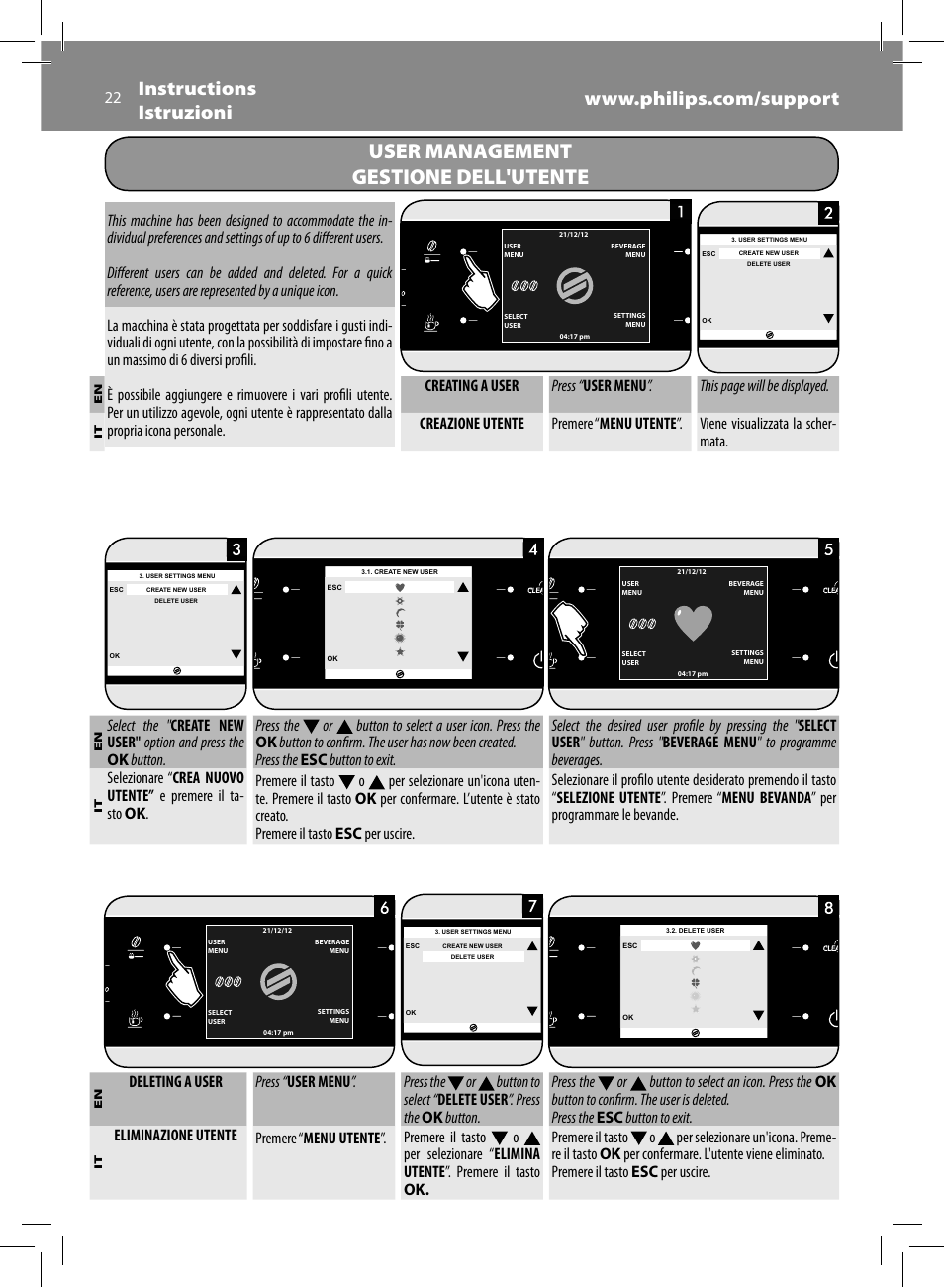 User management gestione dell'utente | Philips Saeco Xelsis Evo Machine espresso Super Automatique User Manual | Page 22 / 68
