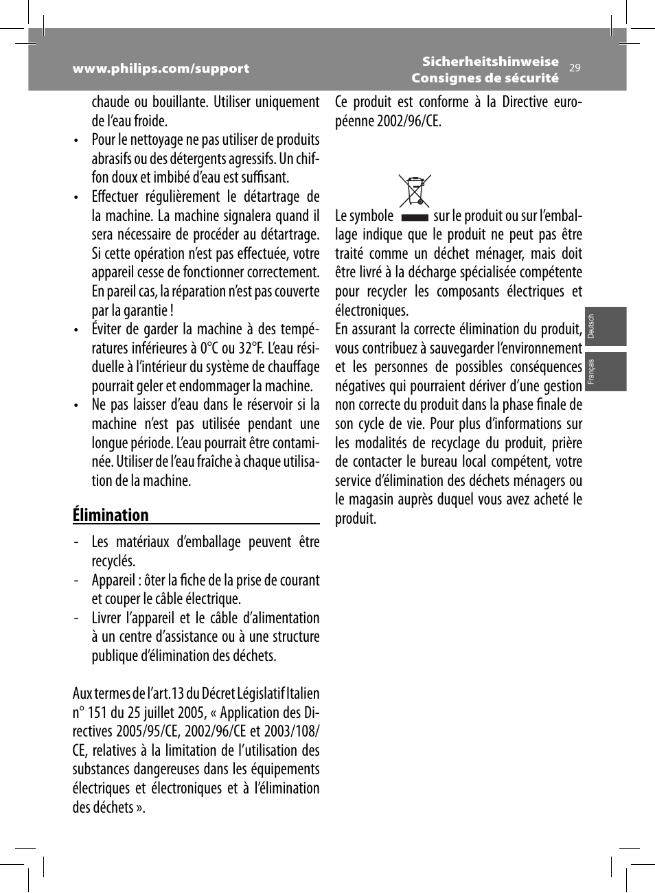 Élimination | Philips Saeco Xelsis Evo Machine espresso Super Automatique User Manual | Page 29 / 68