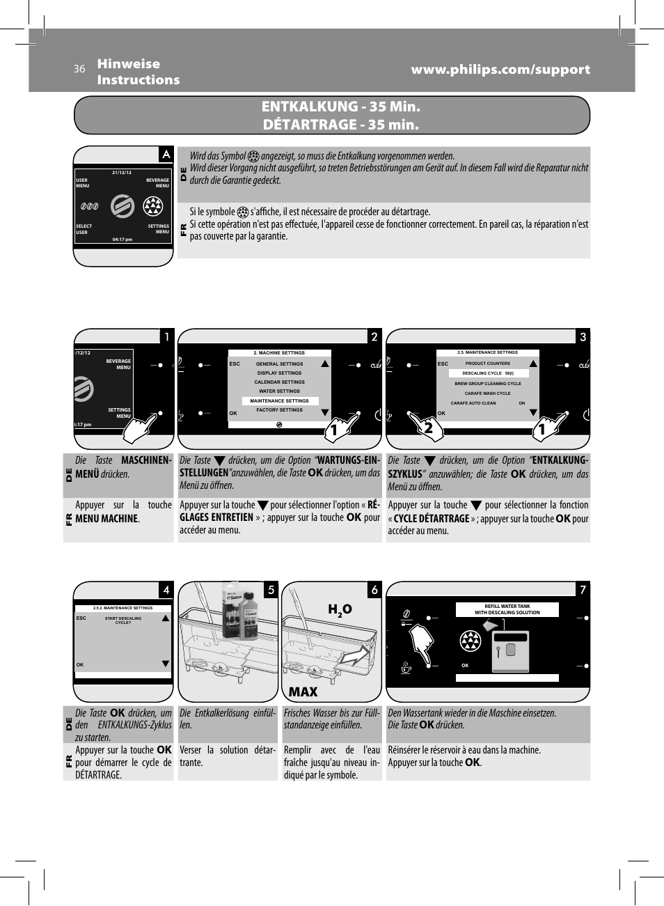 Entkalkung - 35 min. détartrage - 35 min, Omax | Philips Saeco Xelsis Evo Machine espresso Super Automatique User Manual | Page 36 / 68