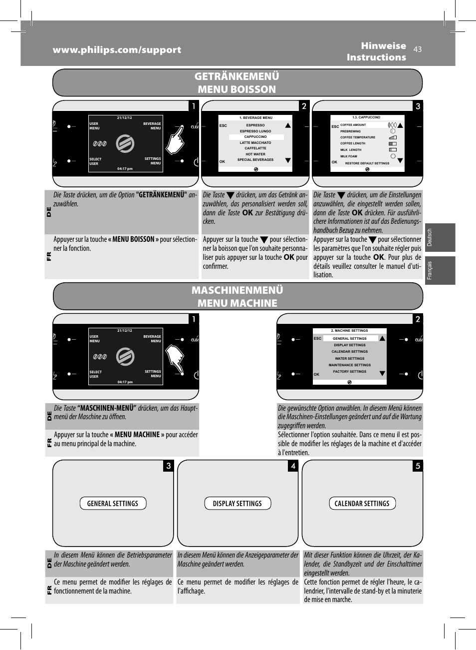 Getränkemenü menu boisson, Maschinenmenü menu machine, Hinweise instructions | Philips Saeco Xelsis Evo Machine espresso Super Automatique User Manual | Page 43 / 68