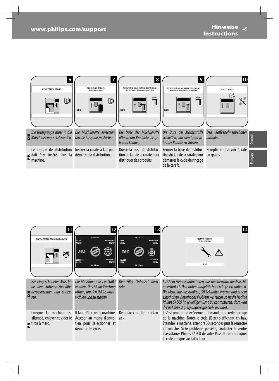 Hinweise instructions | Philips Saeco Xelsis Evo Machine espresso Super Automatique User Manual | Page 45 / 68