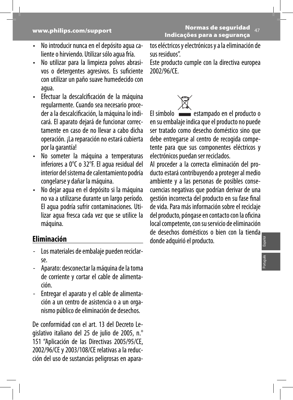 Eliminación | Philips Saeco Xelsis Evo Machine espresso Super Automatique User Manual | Page 47 / 68