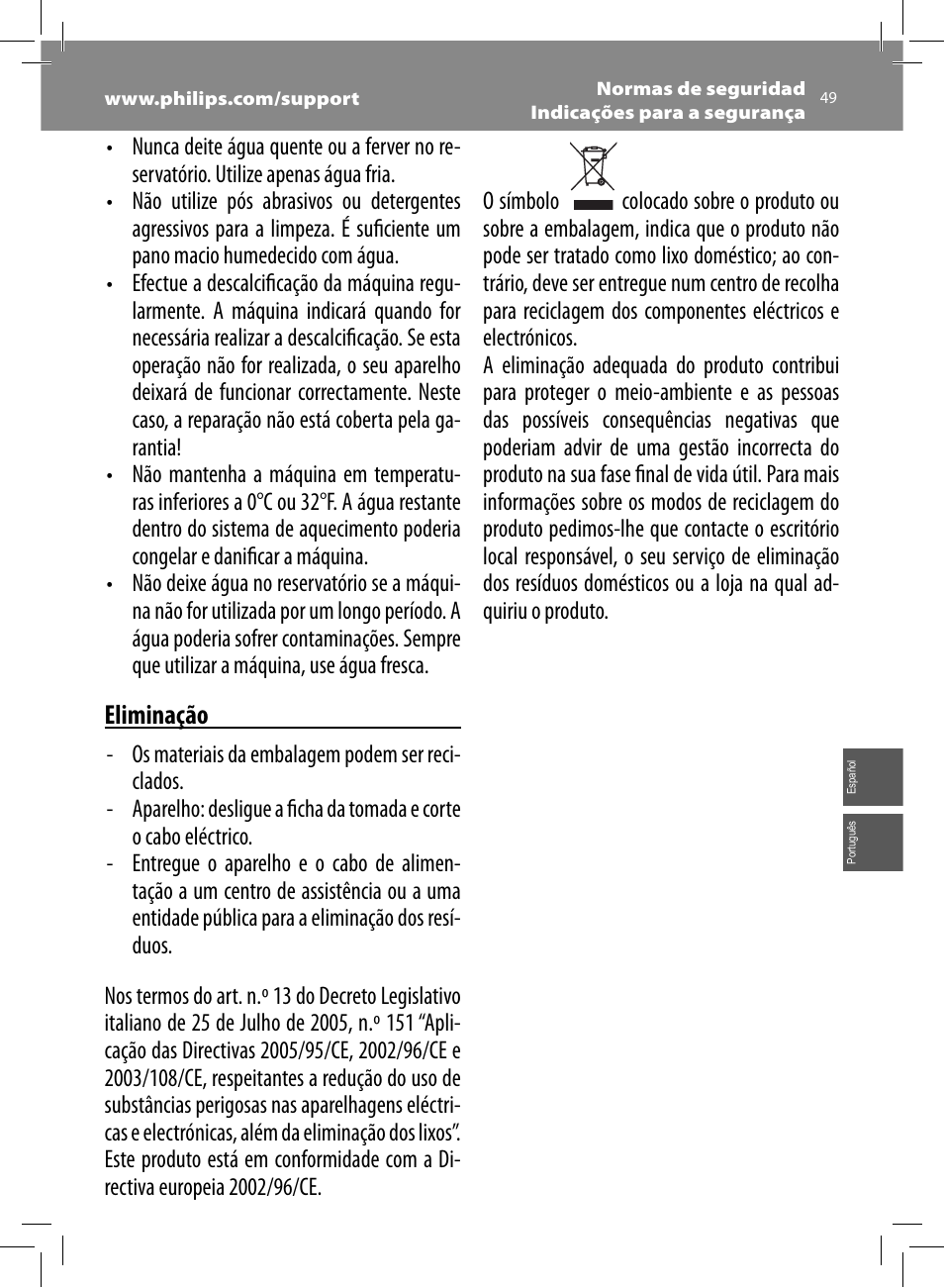 Eliminação | Philips Saeco Xelsis Evo Machine espresso Super Automatique User Manual | Page 49 / 68