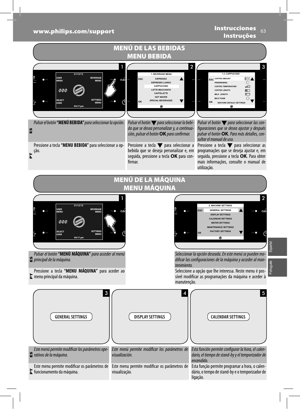 Menú de las bebidas menu bebida, Menú de la máquina menu máquina | Philips Saeco Xelsis Evo Machine espresso Super Automatique User Manual | Page 63 / 68
