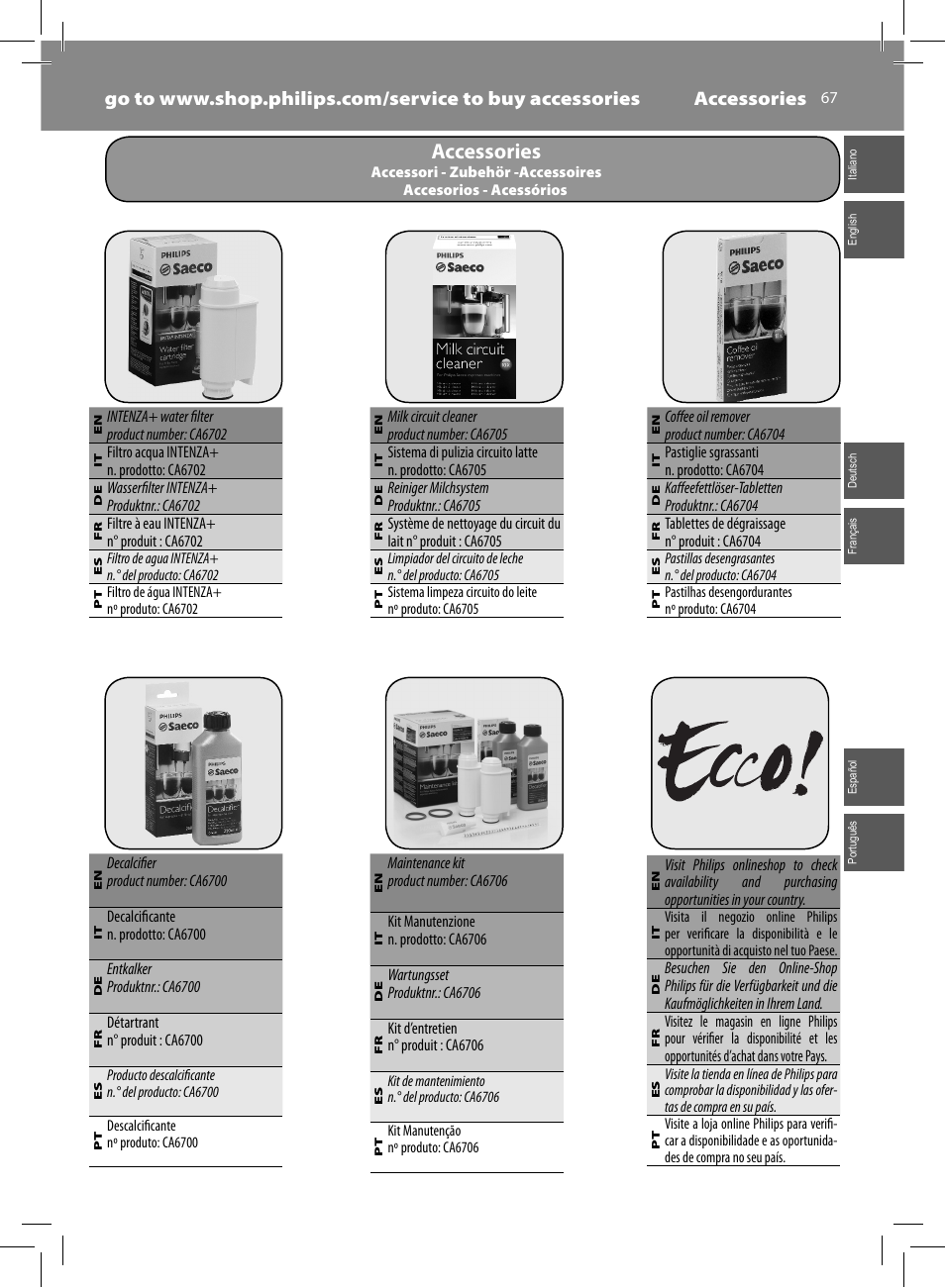 Accessories | Philips Saeco Xelsis Evo Machine espresso Super Automatique User Manual | Page 67 / 68