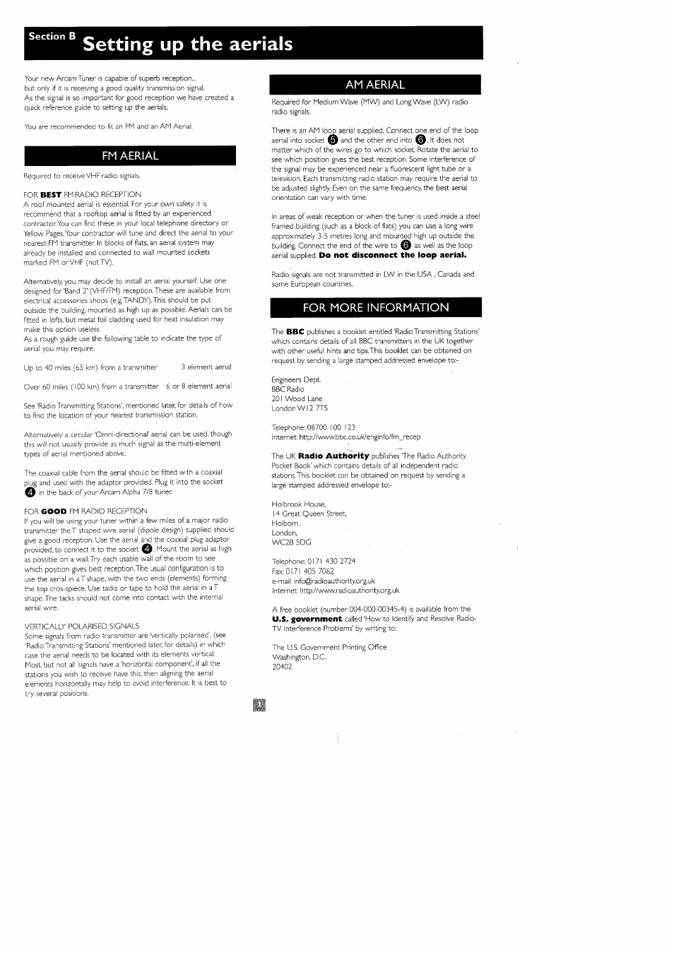 Setting up the aerials, Fm aerial, Am aerial | For more information | Arcam Alpha 7-8 User Manual | Page 3 / 8