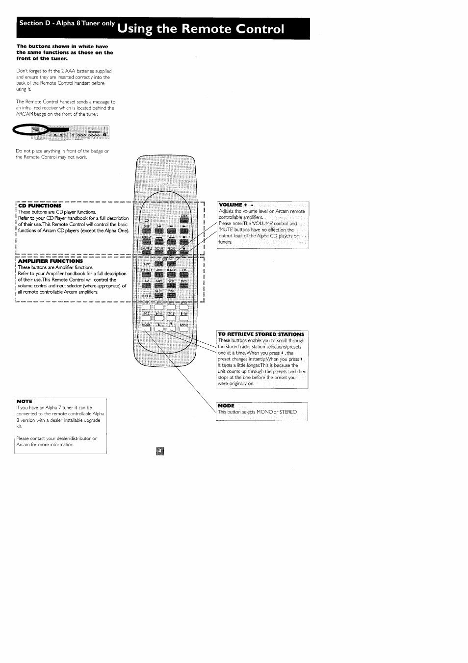 Using the remote control, Cd functions, J amplifier functions | Arcam Alpha 7-8 User Manual | Page 6 / 8