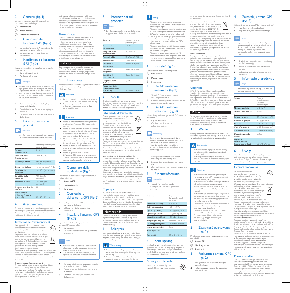 Antenne gps, Antenna gps, Gps-antenne | Antena gps, 2contenu (fig. 1), 3connexion de l’antenne gps (fig. 2), 4installation de l’antenne gps (fig. 3), 5informations sur le produit, 6 avertissement, Italiano | Philips Système audio pour voiture User Manual | Page 2 / 2