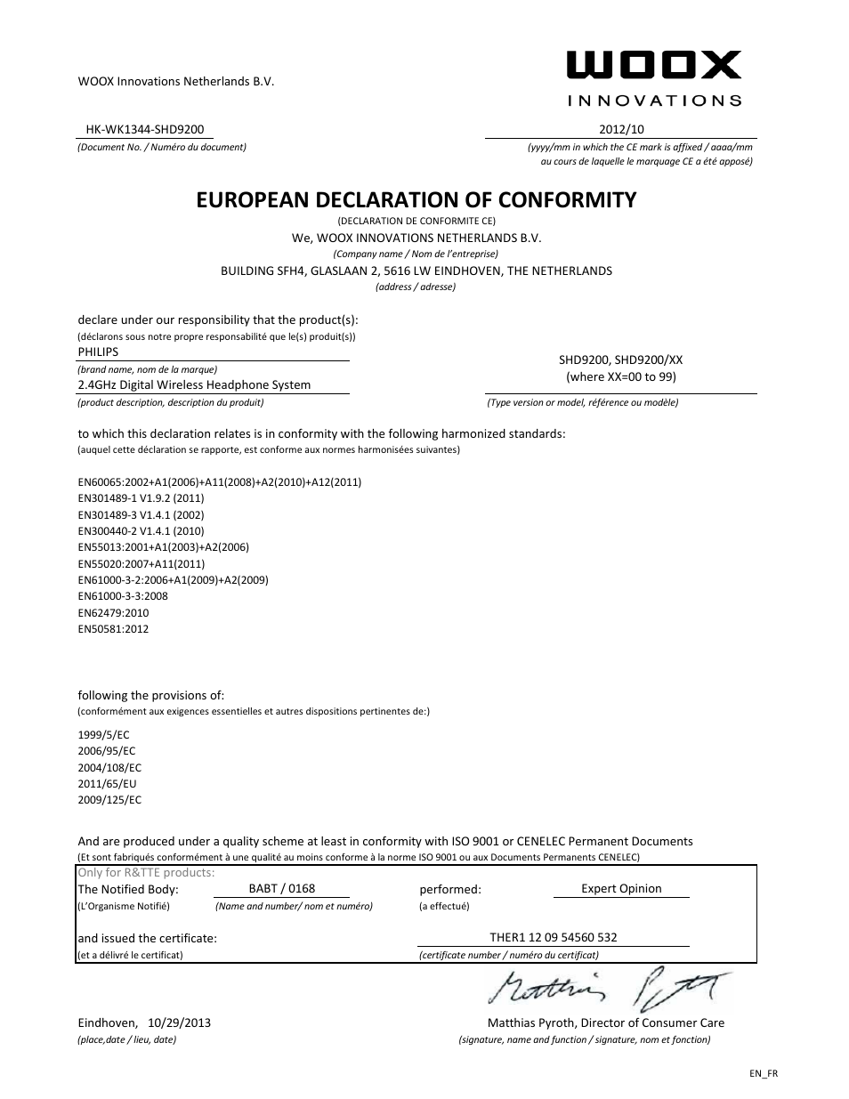 European declaration of conformity | Philips Casques hi-fi sans fil User Manual | Page 2 / 21