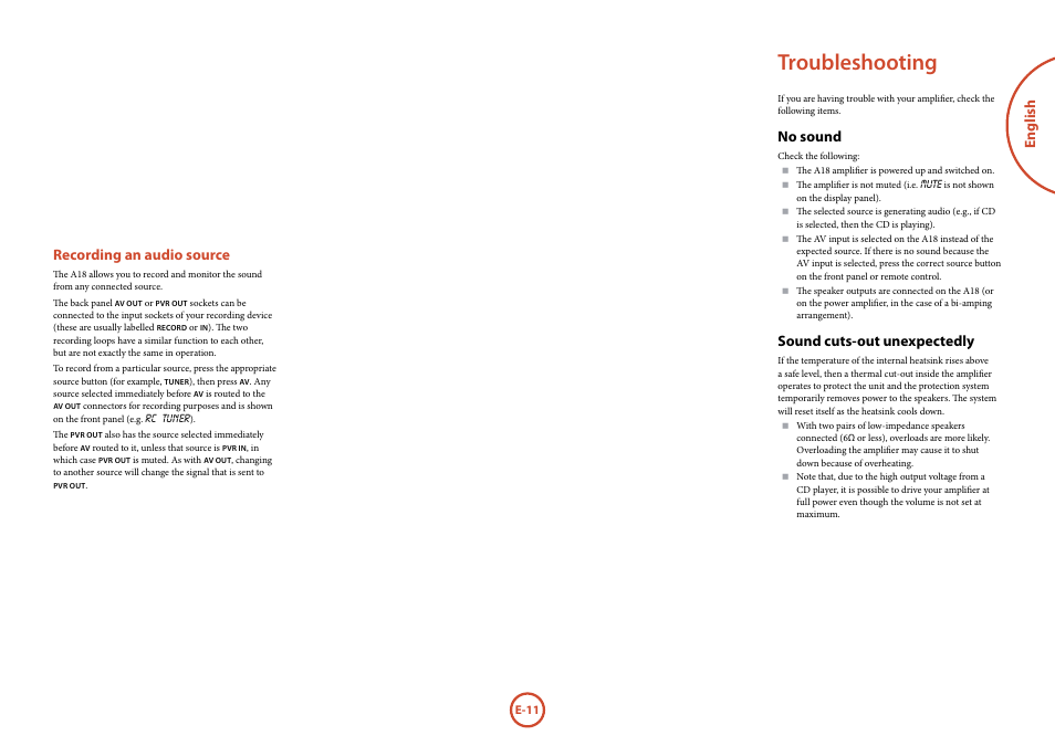 Troubleshooting, English recording an audio source, No sound | Sound cuts-out unexpectedly | Arcam FMJ A18 User Manual | Page 11 / 13