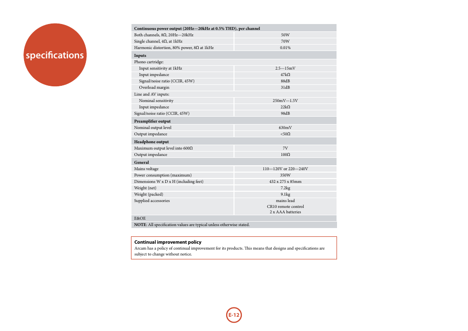 Specifications | Arcam FMJ A18 User Manual | Page 12 / 13