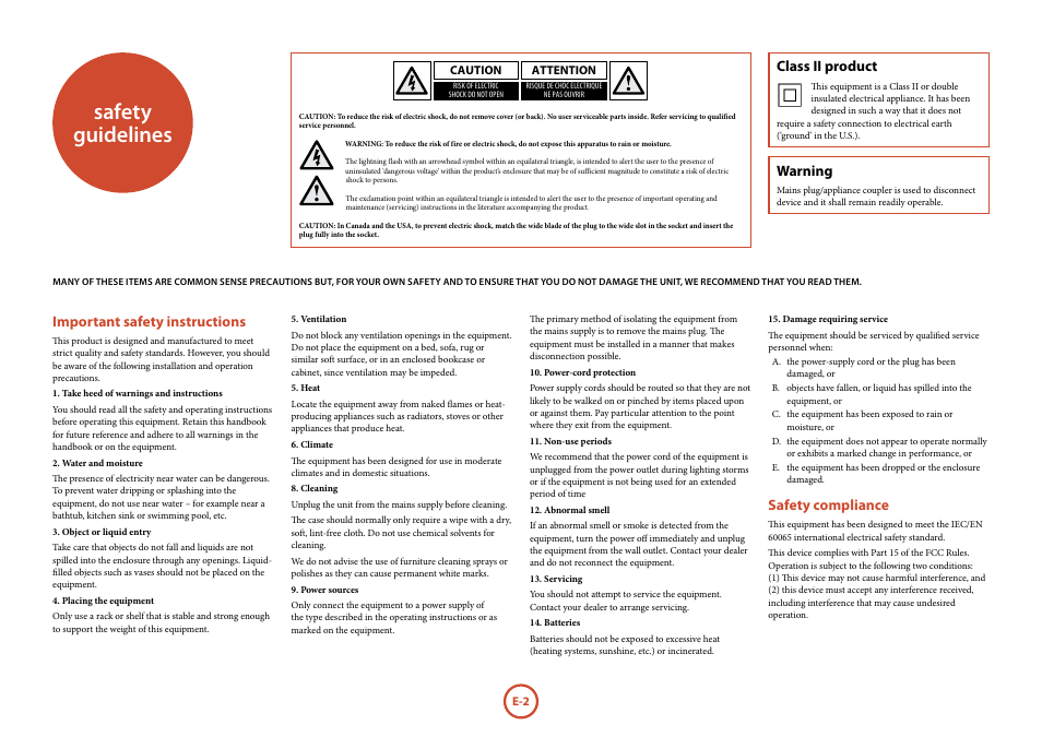 Safety guidelines, Important safety instructions, Safety compliance | Class ii product, Warning | Arcam FMJ A18 User Manual | Page 2 / 13