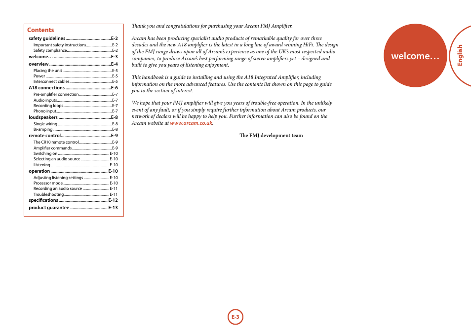 Welcome | Arcam FMJ A18 User Manual | Page 3 / 13