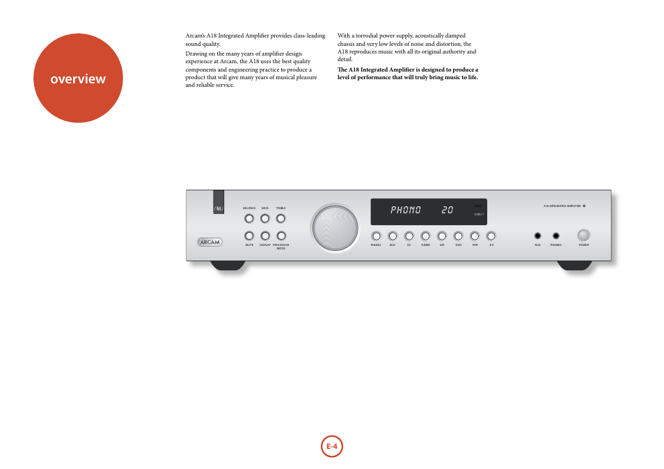 Overview, Phono 20 | Arcam FMJ A18 User Manual | Page 4 / 13